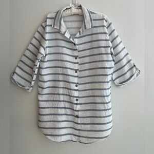VIOLA BORGHI 100% Linen Button Front 3/4 Sleeve Tunic Stripes Coastal Made Italy